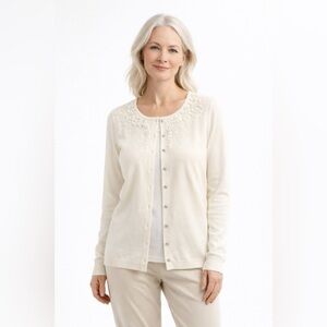 Worthington Cream Cardigan Sweater With Bead & Sequin Embroidered Design Size 1X